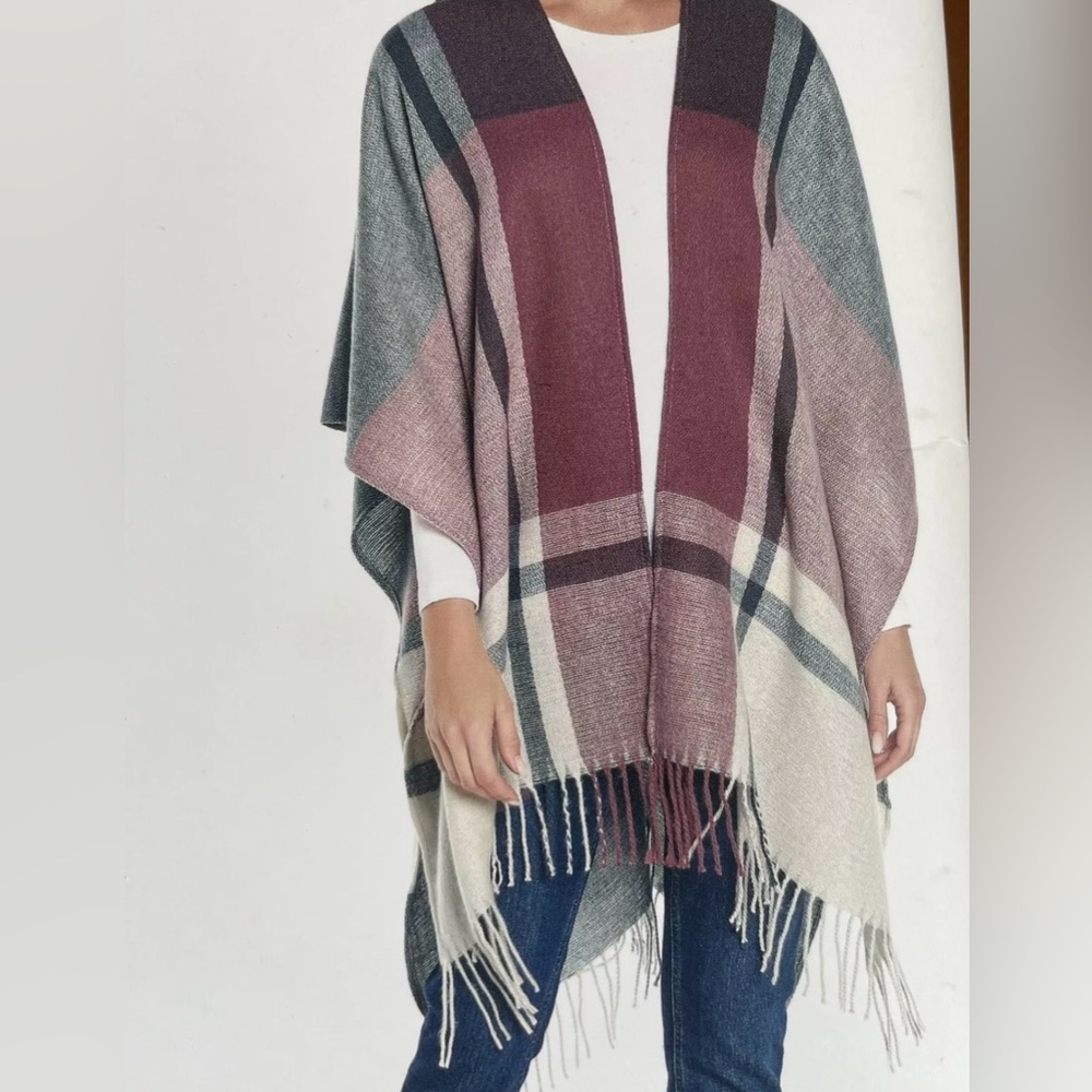 Three Dots Cashmere Blend Wrap with Fringe Plaid - New in Packaging